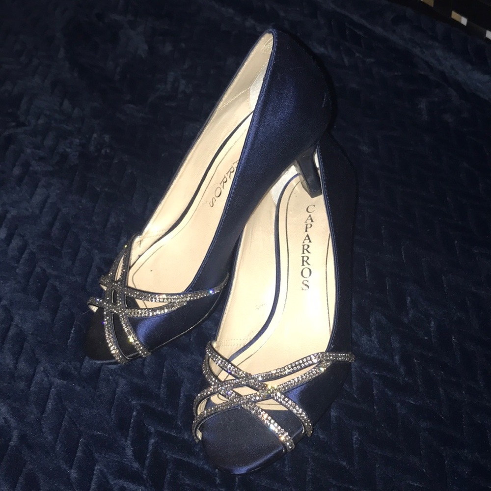 Blue and rhinestone heels